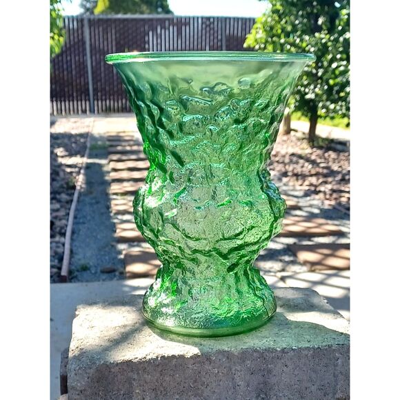 Vintage E.O. Brody Co. 1960s Emerald Green Crinkle Glass EAPG Flower Pot Vase - Picture 1 of 11